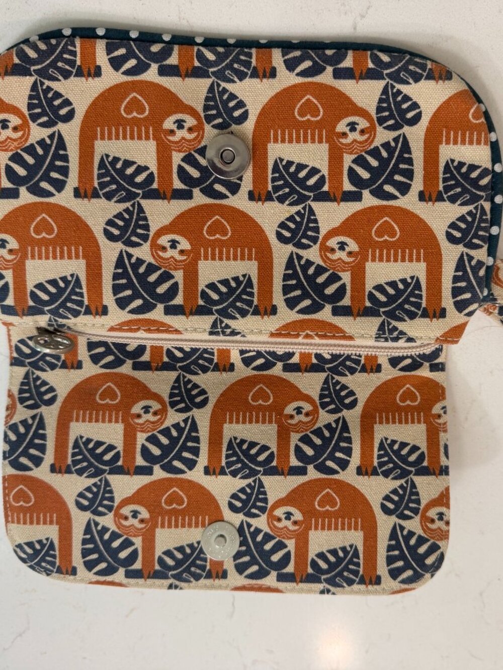 Bungalow 360 Sloth Print Wristlet Wallet Clutch Orange Navy